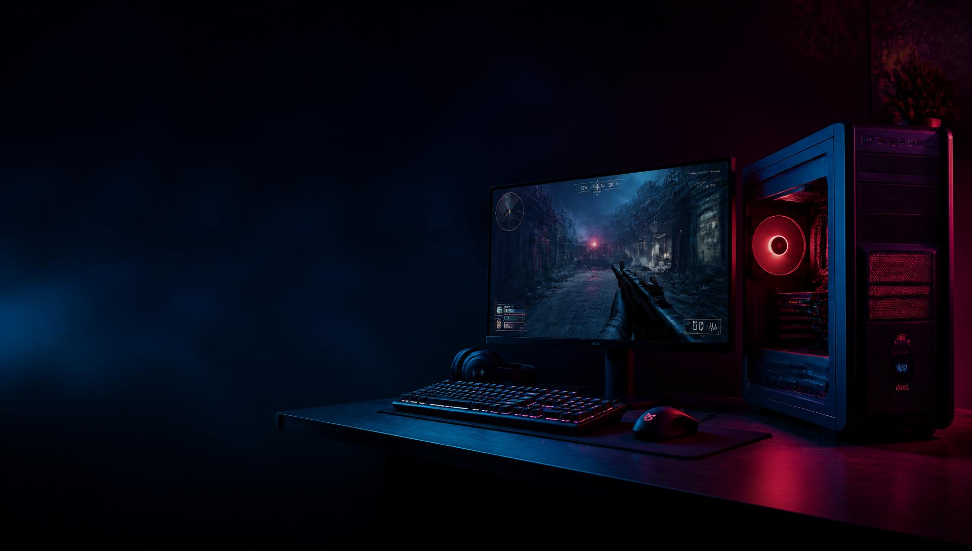 Herné PC so svietiacimi ventilátormi na tmavom hráčskom stole